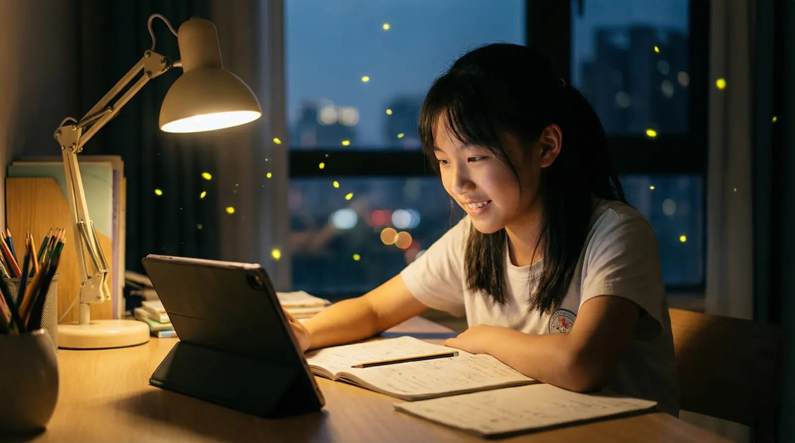 夜晚书桌前，学生用平板和点睛一起检查数学作业