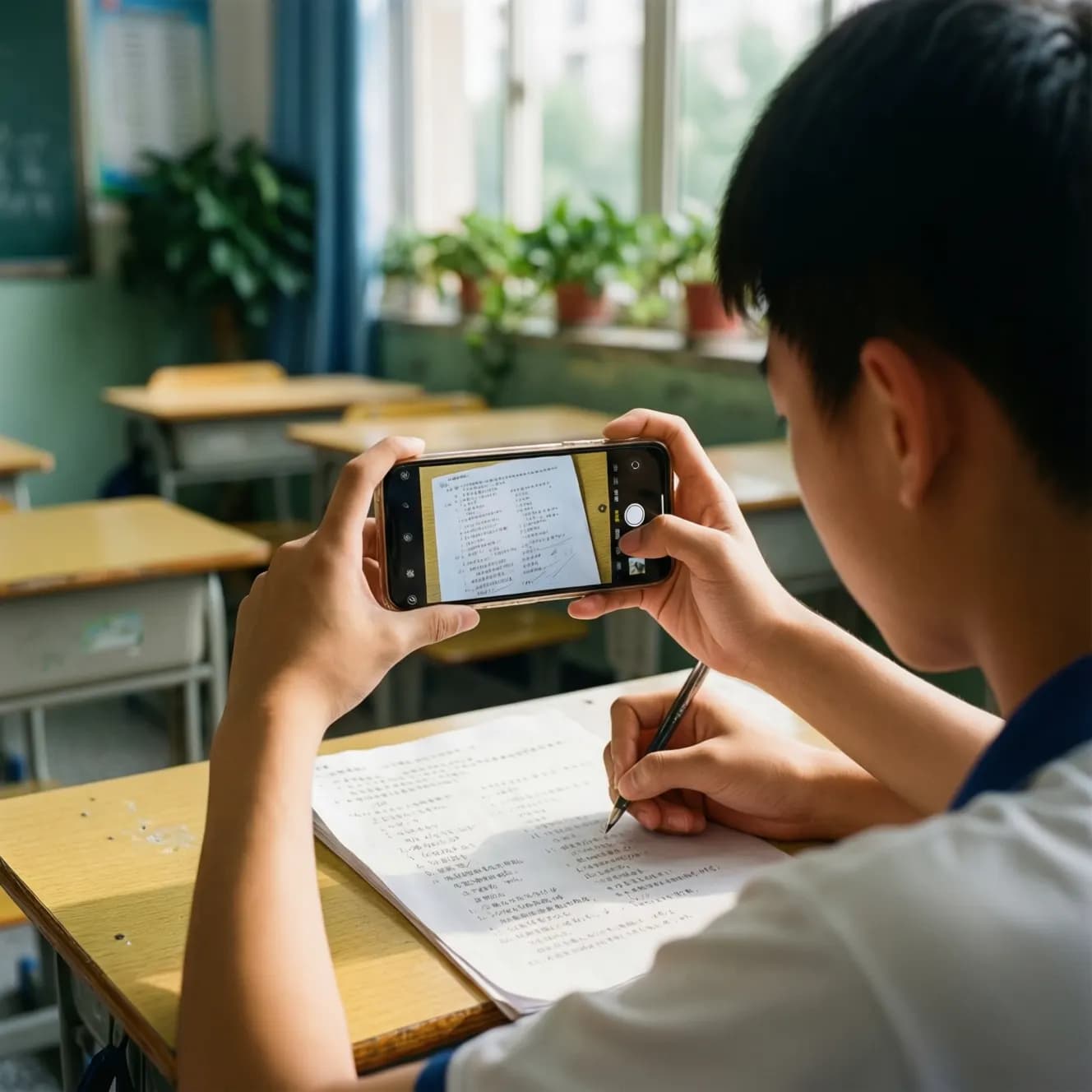 学生用手机拍摄写满解题步骤的作业纸